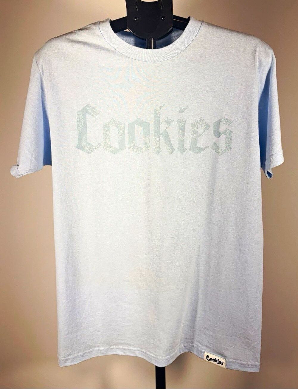 NWOT Cookies Mens M Light Blue Cotton Knit Graphic Logo Crew Neck Short Sleeve